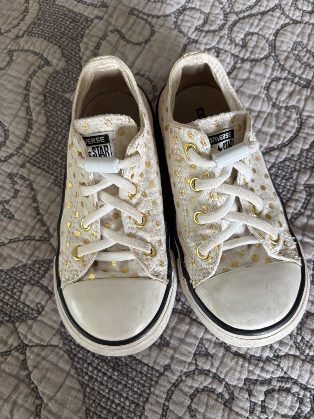 Converse Kids White Low Top Sneakers with Gold Polka Dots